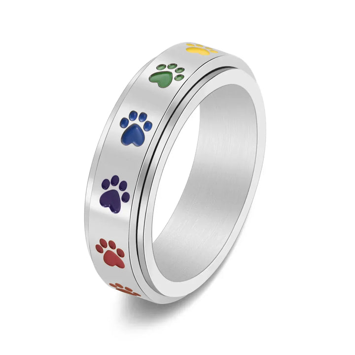 Spinning Stress Reducing Paw Ring – Stainless Steel with Rainbow Paws
