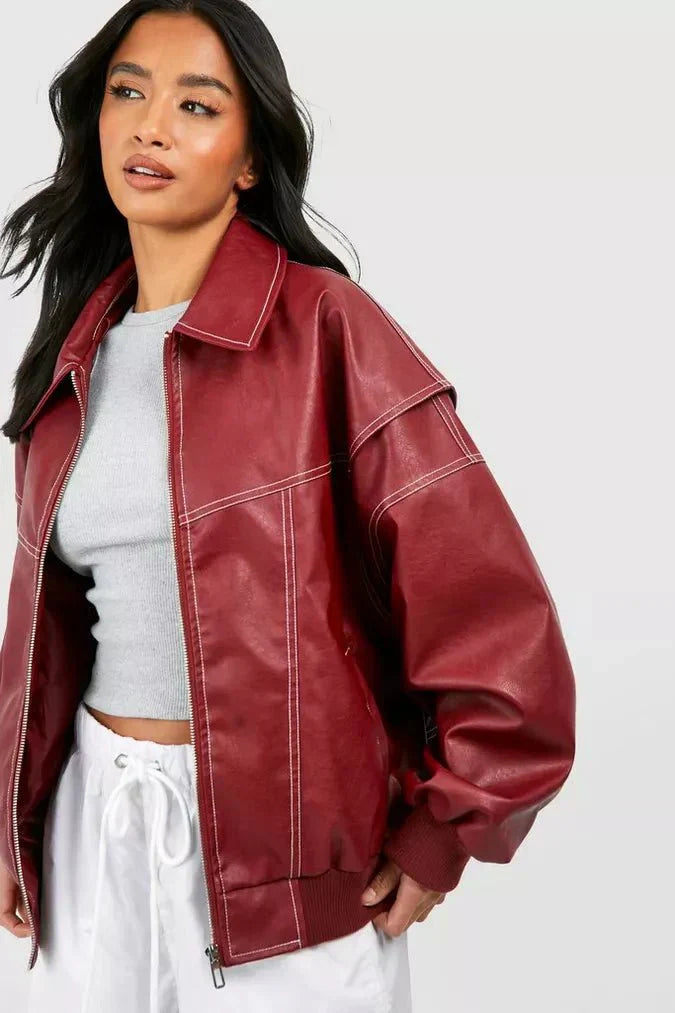 Amelina™ - Oversized Leather Bomber Jacket